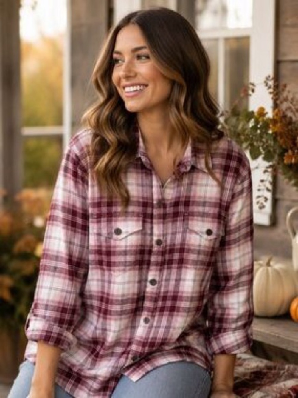 014 Tilley’s Women's 100% Cotton Plaid Button-Down Shirt in Burgundy and White